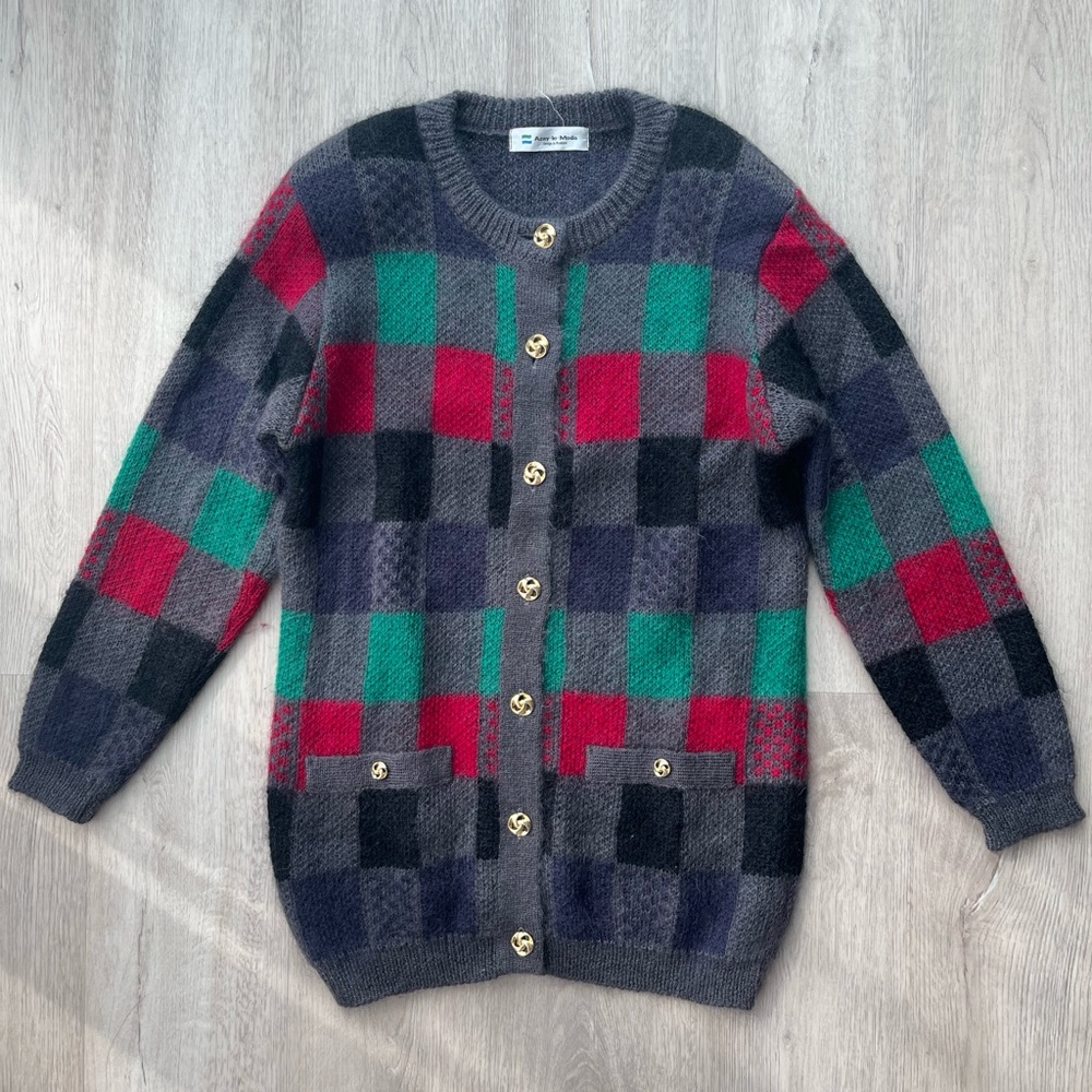 Vintage Azay le Moda Japanese Plaid Cardigan with Gold Buttons Size M